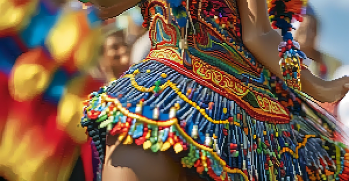 Detailed view of a vibrant Frevo costume with intricate fabric patterns and colors.
