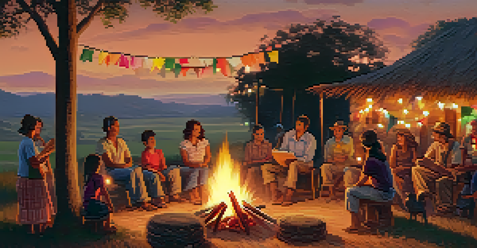 A warm Junina festival gathering with colorful flags, straw decorations, and families around a bonfire, evoking a nostalgic rural atmosphere.