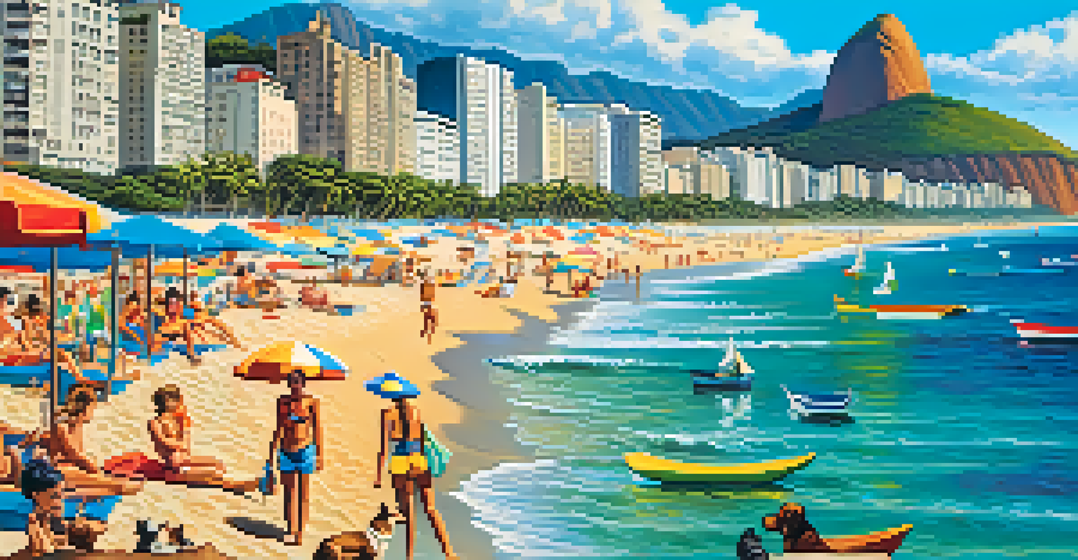 A lively Ipanema Beach scene with people and pets enjoying the sun and beautiful views.