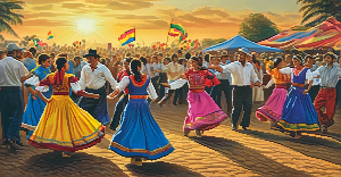 Dancers in colorful traditional costumes celebrate at the Festa Junina festival in Brazil, surrounded by festive decorations and a warm sunset.