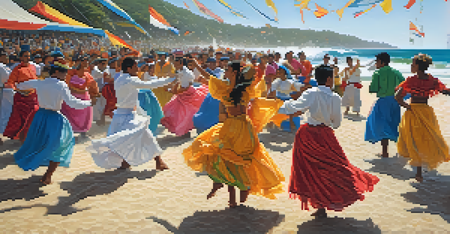Dancers in traditional attire performing during the Festa de Iemanjá on a beach with an energetic crowd.