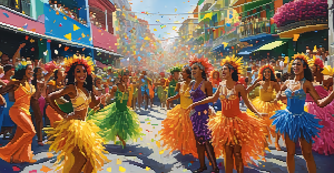 A lively street scene during Carnaval with dancers in colorful costumes and decorated floats in Rio de Janeiro.