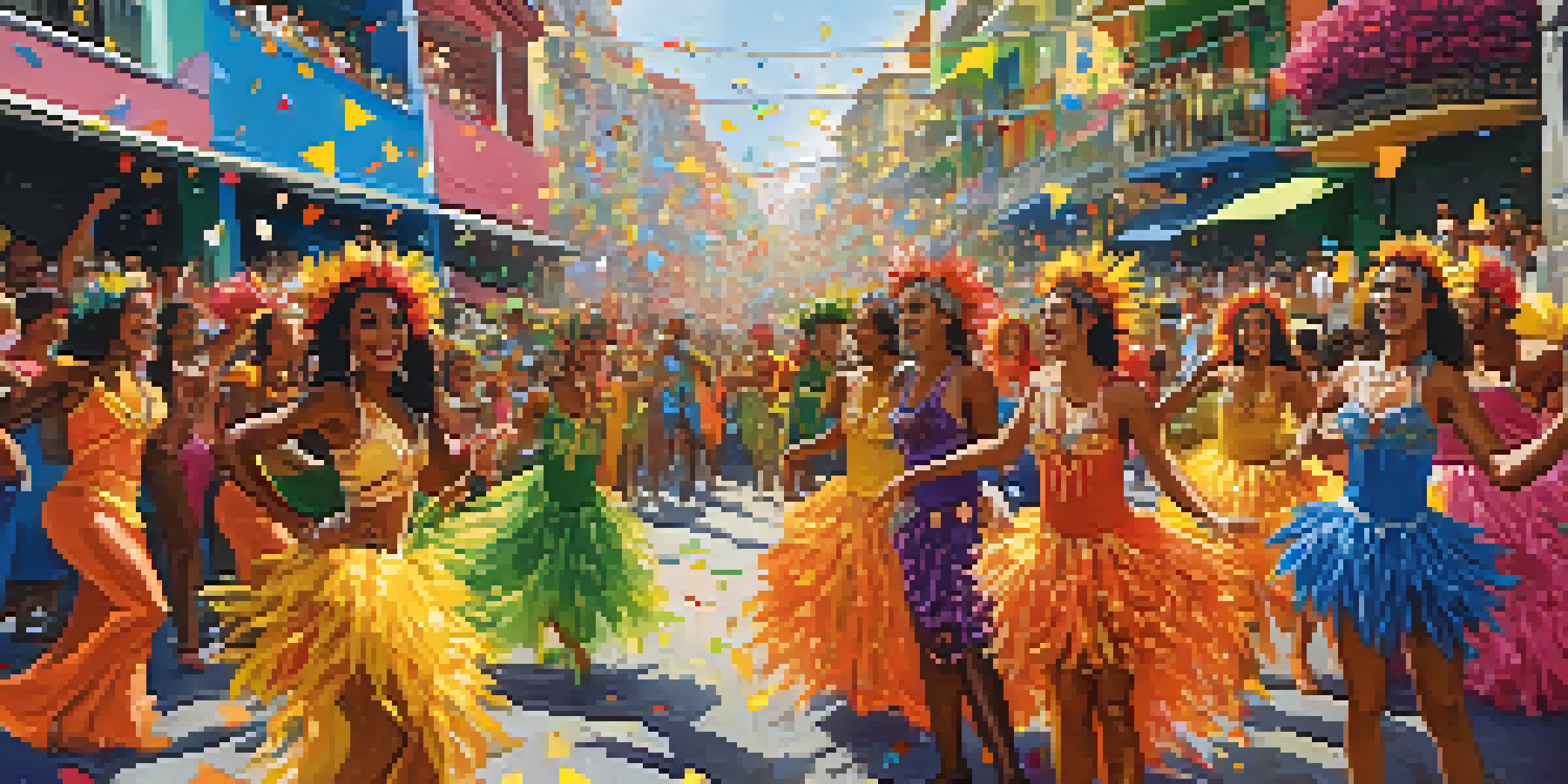 A lively street scene during Carnaval with dancers in colorful costumes and decorated floats in Rio de Janeiro.