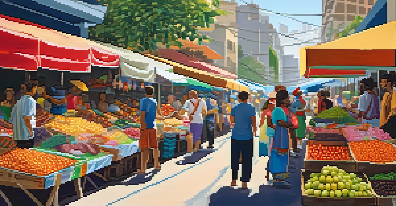 A vibrant street market in São Paulo with colorful stalls, fresh fruits, and diverse shoppers enjoying the lively atmosphere.