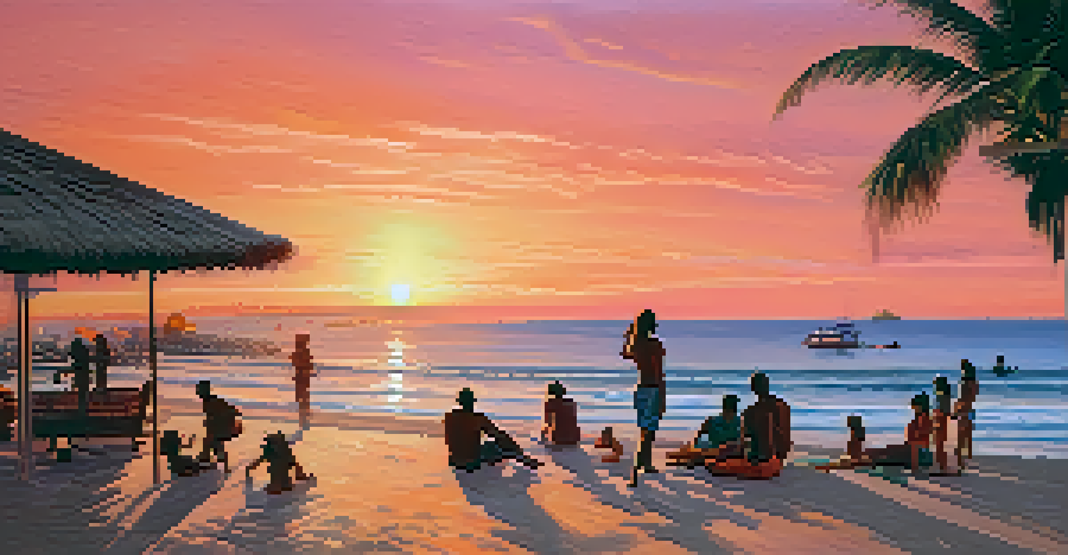 A stunning sunset at Porto da Barra beach with people enjoying the beach, clear waters, and palm trees, under an orange and pink sky.