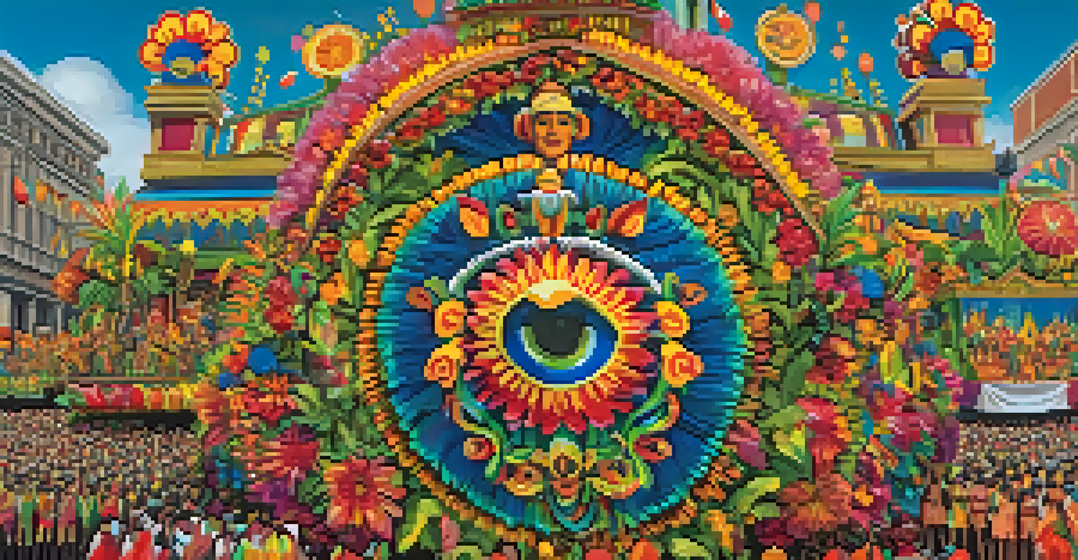 Close-up of an intricately designed float at the Festival of Parintins, showcasing vibrant decorations and representations of the Boi-Bumbá legend.