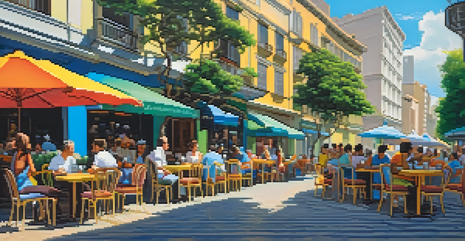 An outdoor café in São Paulo surrounded by flowers, with customers enjoying coffee and lively conversations.
