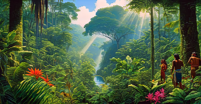 A lush rainforest scene with Indigenous people practicing sustainable farming amidst vibrant plants and flowers, with sunlight filtering through the trees.