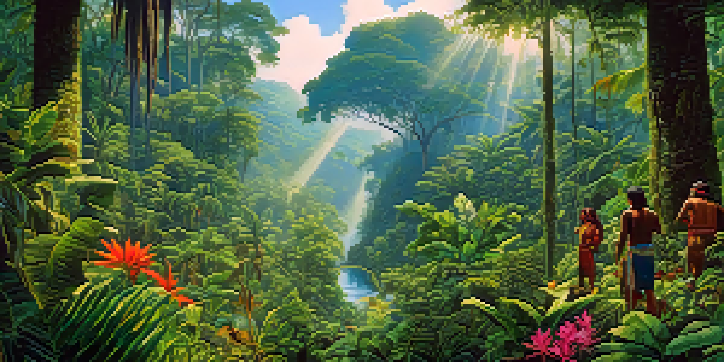 A lush rainforest scene with Indigenous people practicing sustainable farming amidst vibrant plants and flowers, with sunlight filtering through the trees.