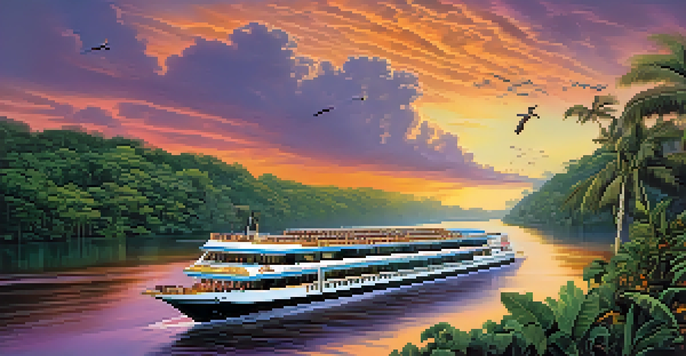 A luxurious river cruise ship sailing on the Amazon River at sunset, surrounded by dense rainforest and exotic birds.