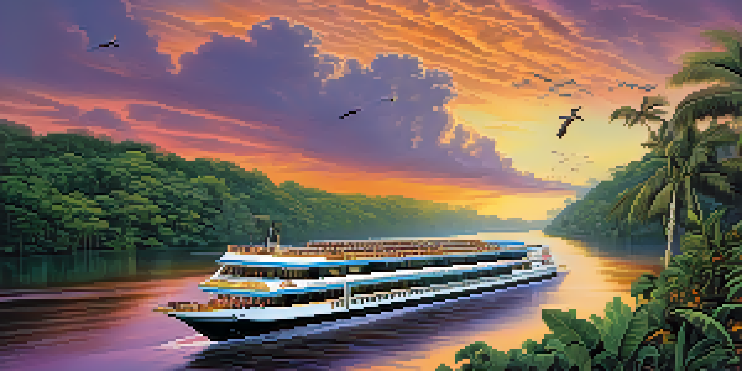 A luxurious river cruise ship sailing on the Amazon River at sunset, surrounded by dense rainforest and exotic birds.