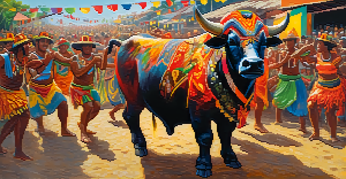 A colorful festival scene depicting a decorated bull surrounded by dancers in traditional attire, with an enthusiastic crowd in the background.