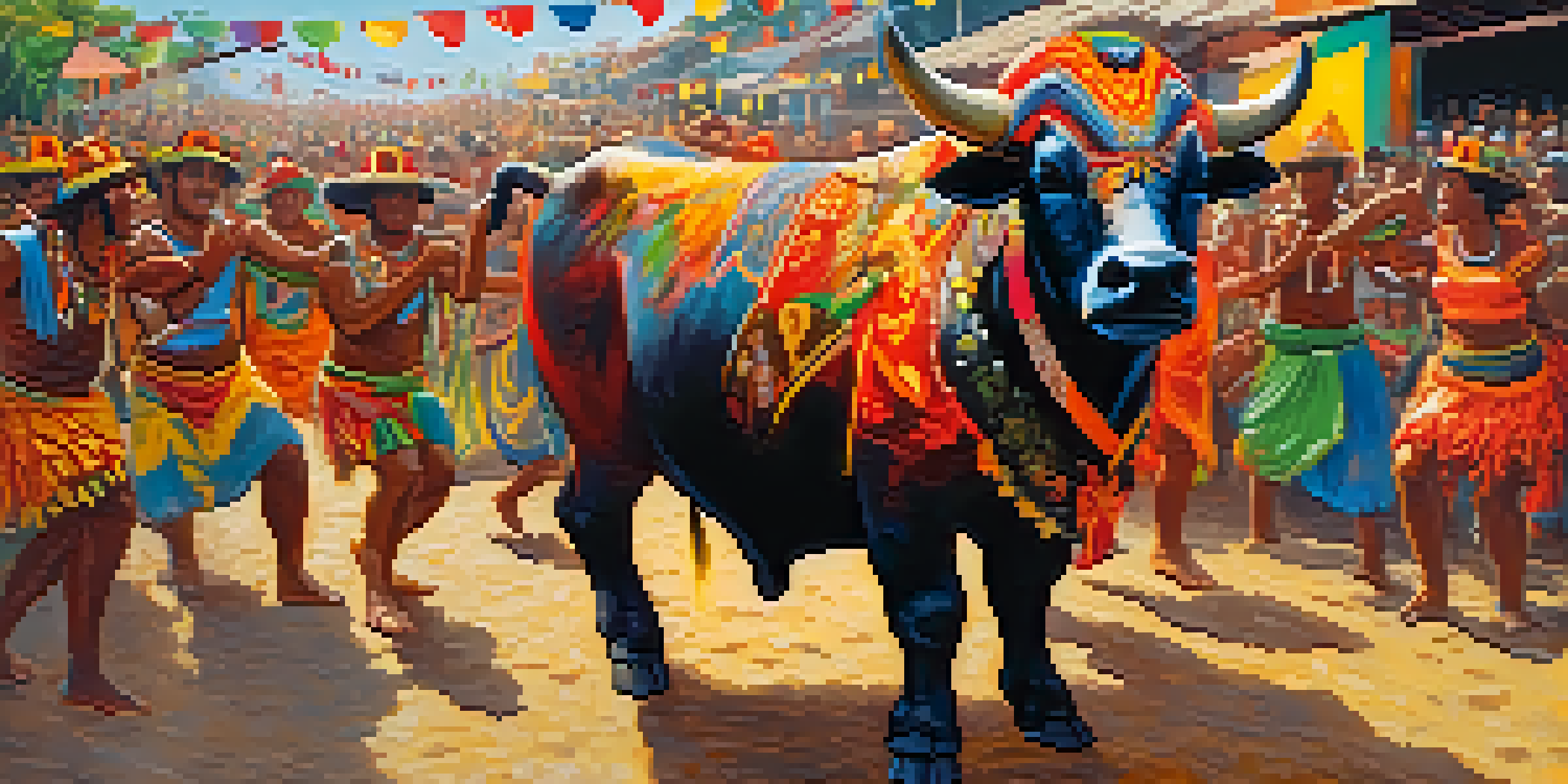 A colorful festival scene depicting a decorated bull surrounded by dancers in traditional attire, with an enthusiastic crowd in the background.
