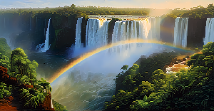 A panoramic view of Iguazu Falls with vibrant colors during sunset, featuring mist and a rainbow.