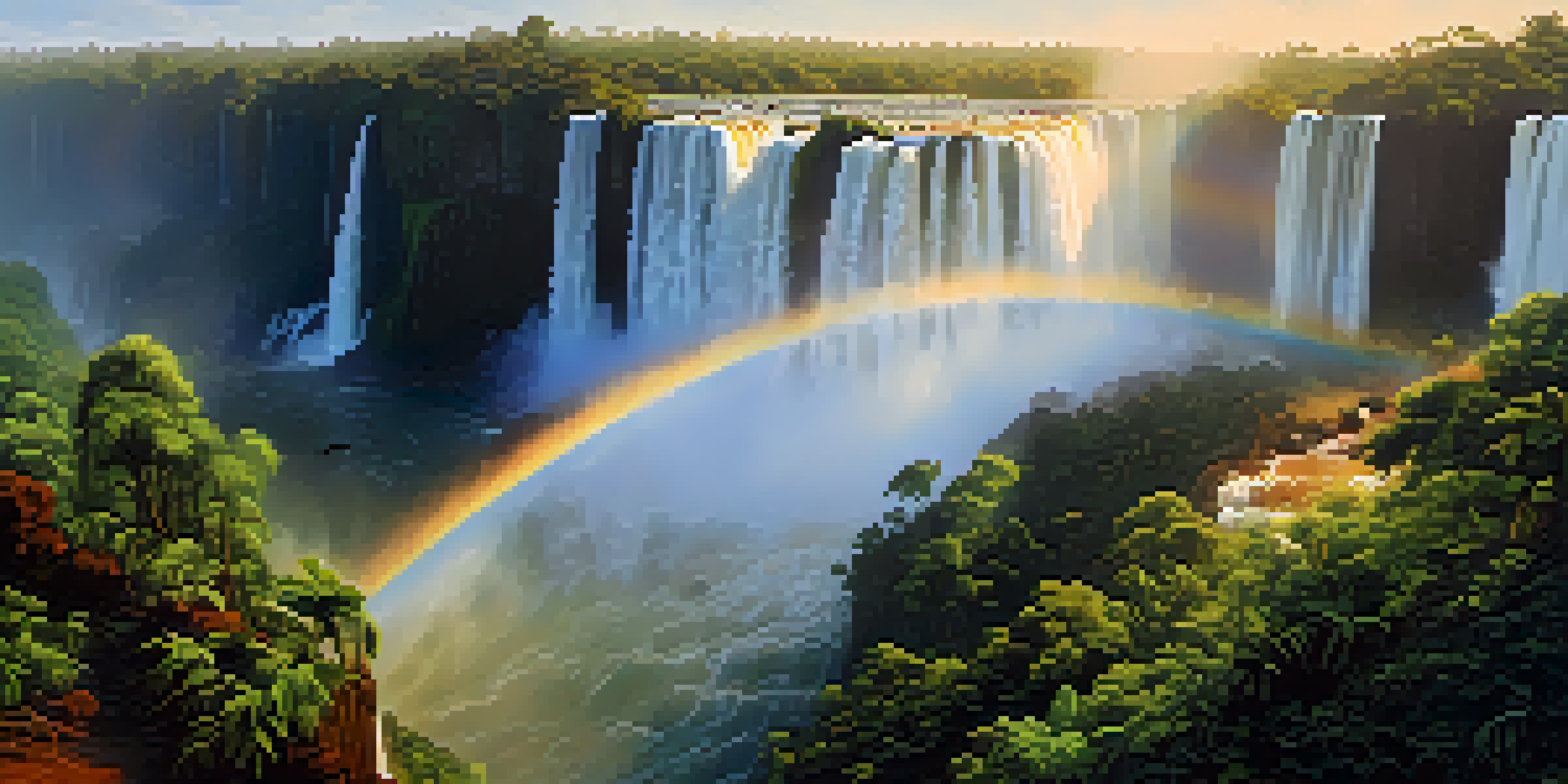 A panoramic view of Iguazu Falls with vibrant colors during sunset, featuring mist and a rainbow.
