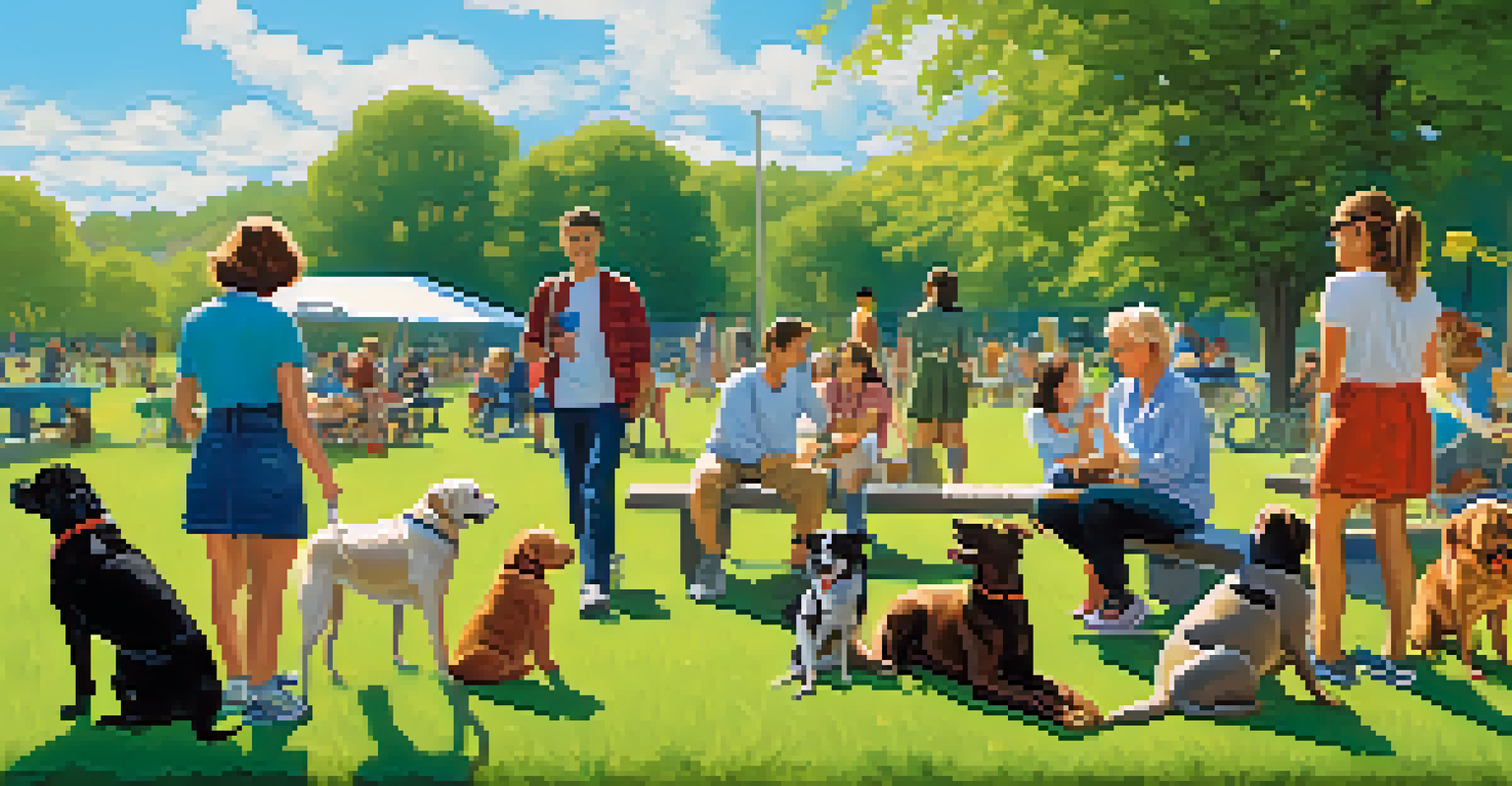 Pet owners socializing at a dog park, surrounded by dogs playing on green grass under a clear blue sky.