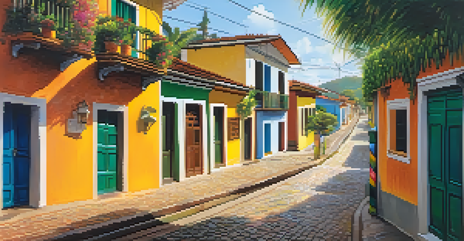 A tourist walking through a vibrant Brazilian neighborhood, surrounded by colorful houses and lush greenery, while holding a map.