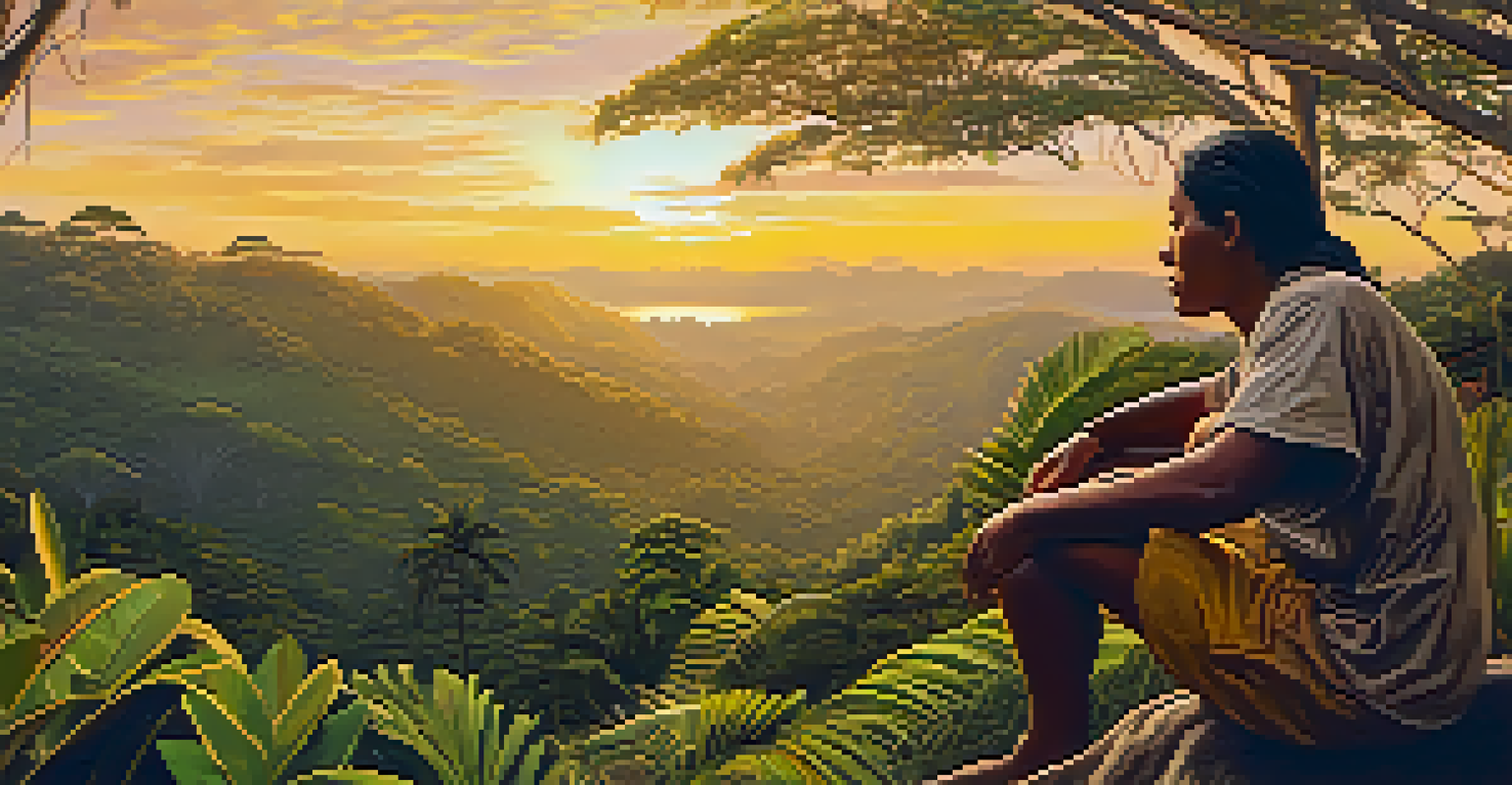 An indigenous person surrounded by the lush greenery of the Atlantic Forest, illuminated by a warm sunset.
