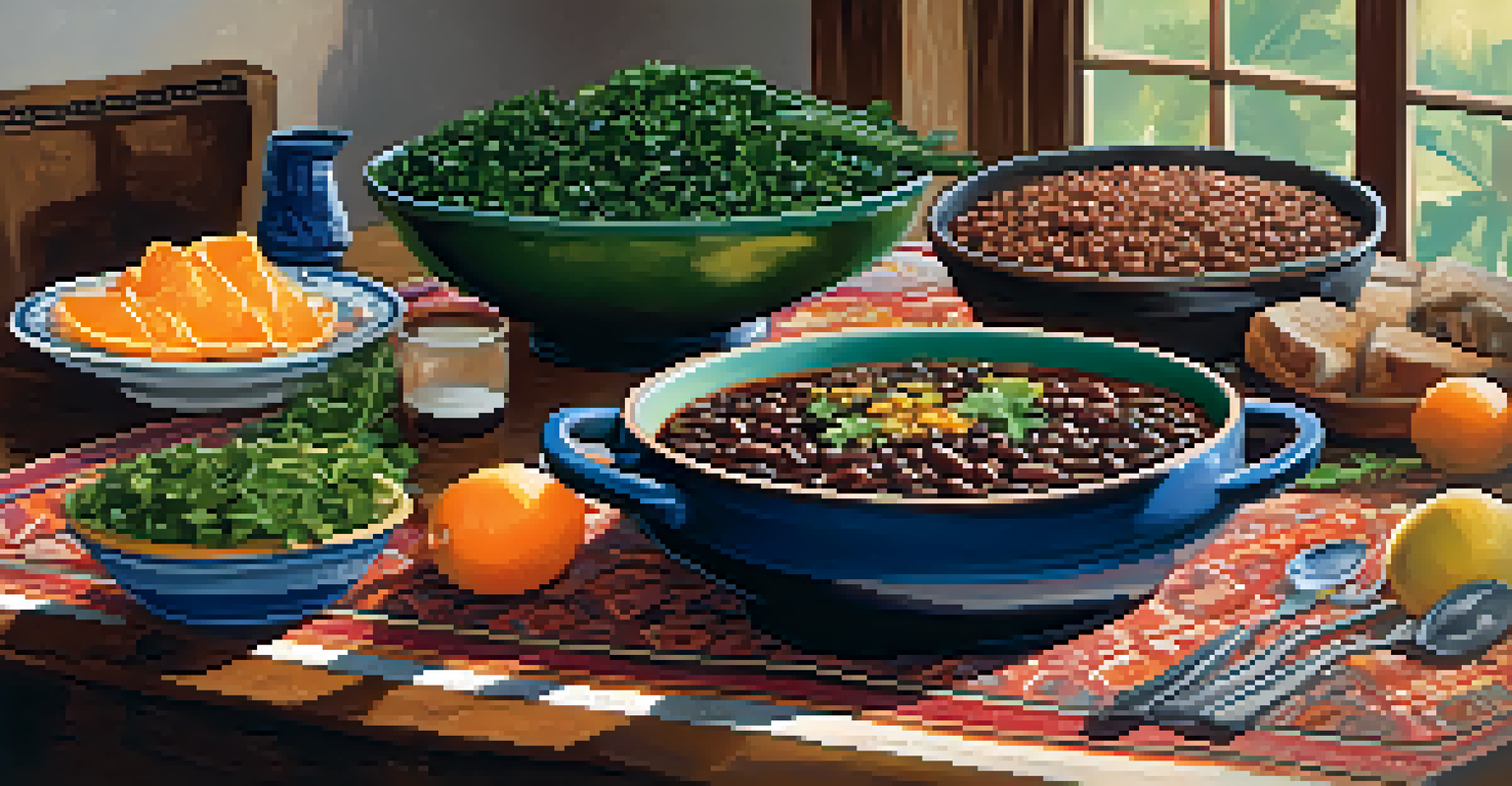 A rustic kitchen table set with a bowl of feijoada, rice, and orange slices, surrounded by colorful dishes in soft natural light.