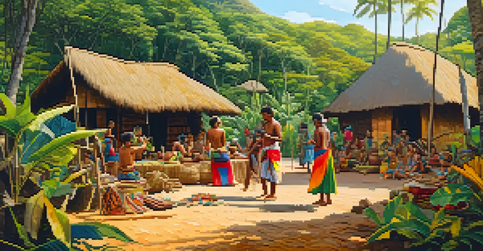 A colorful Indigenous village in Brazil with traditional houses and people crafting artifacts under golden sunlight.