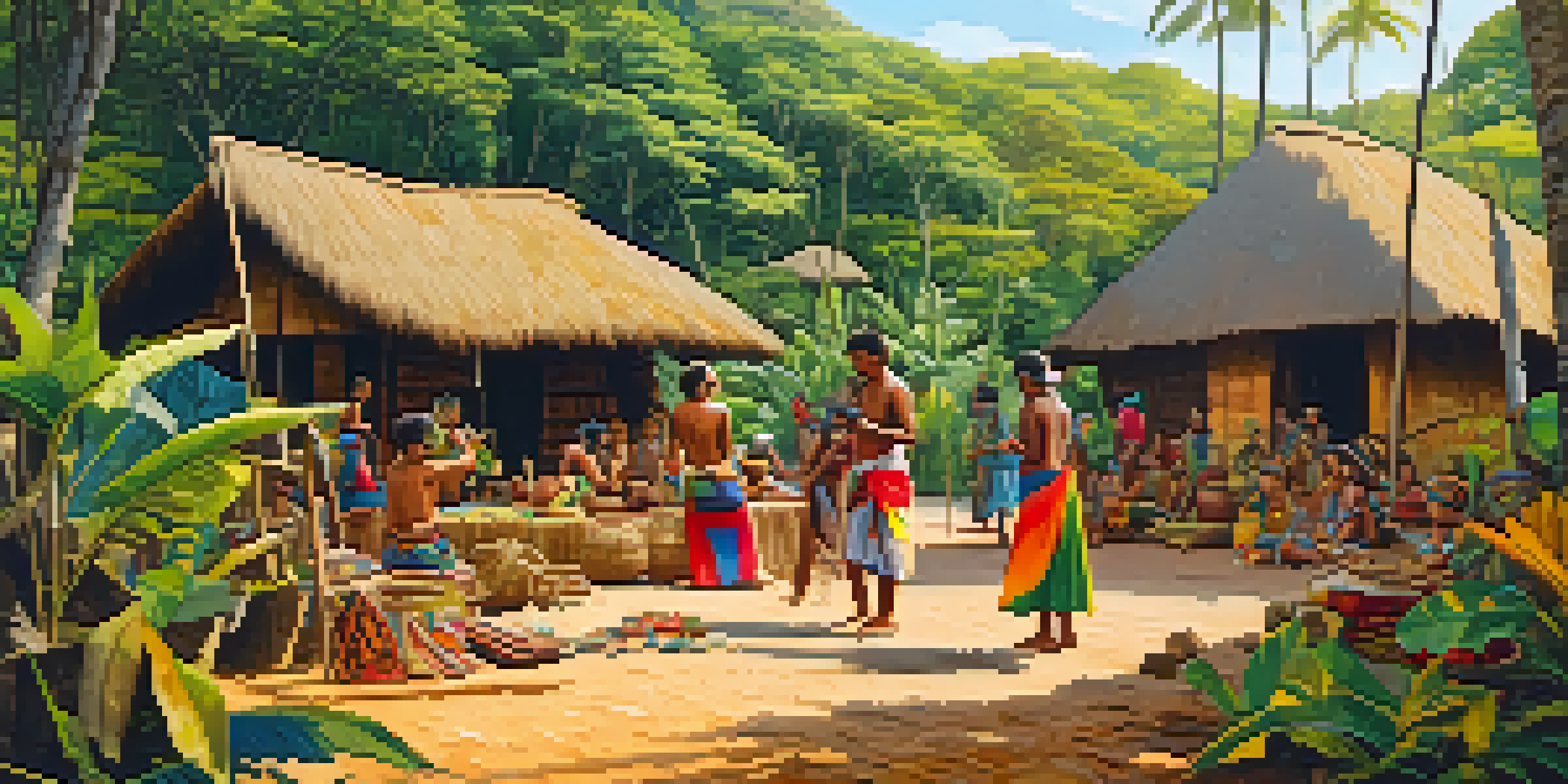 A colorful Indigenous village in Brazil with traditional houses and people crafting artifacts under golden sunlight.