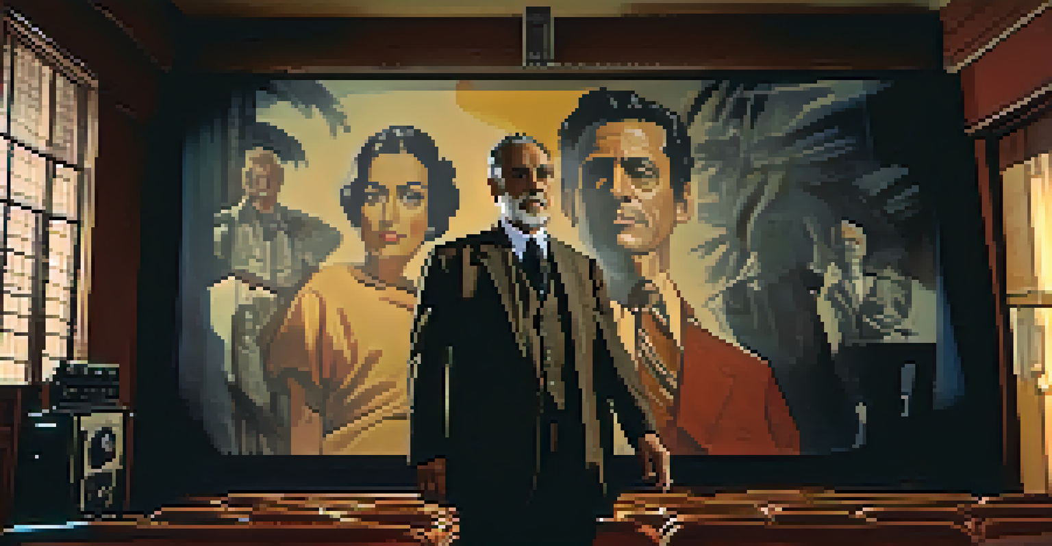 A dramatic portrait of Glauber Rocha in front of a film projector, with film posters in a dimly lit room.