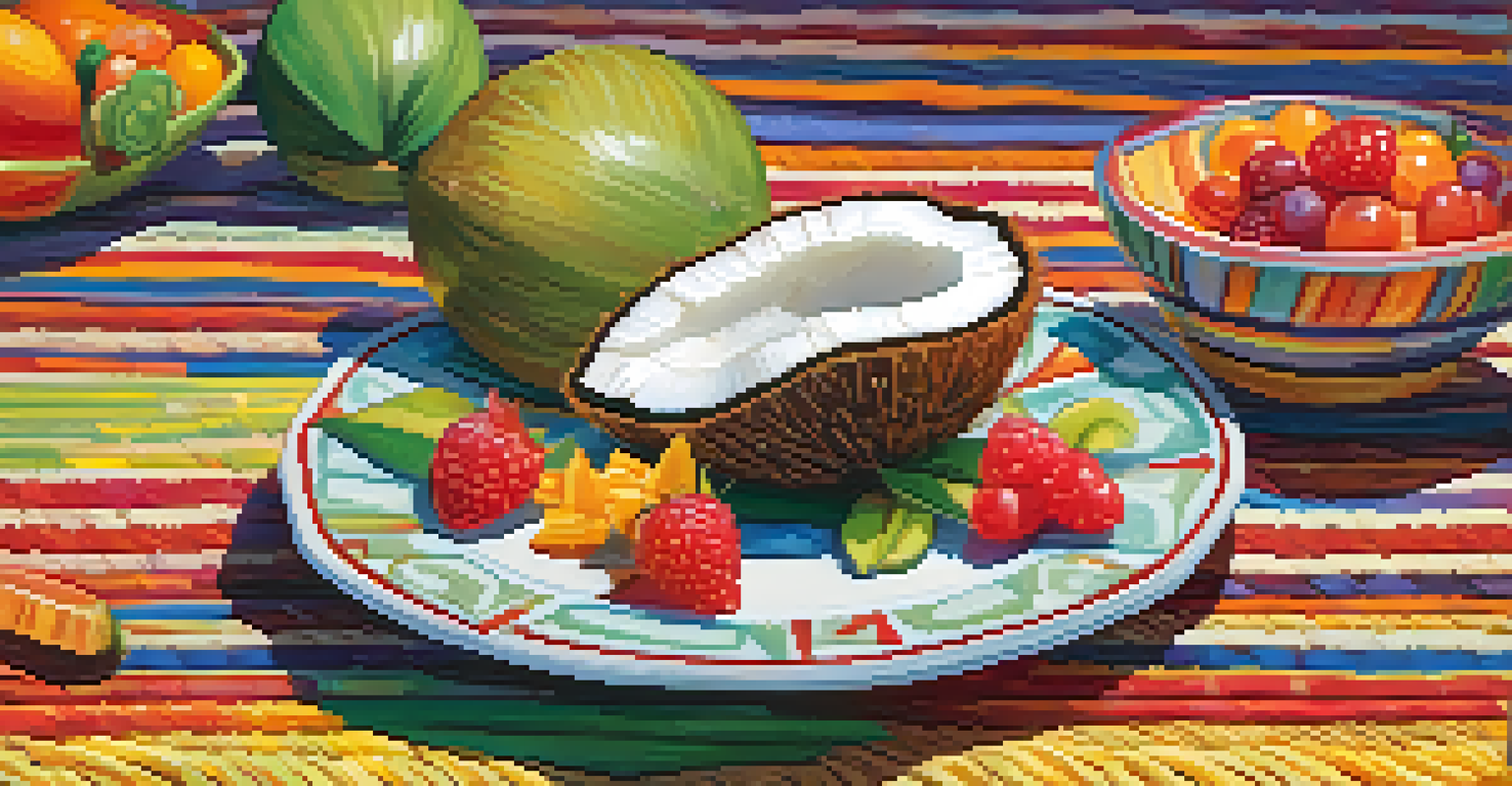 A plate of cocada, a coconut sweet, arranged on a colorful tablecloth, showcasing various shapes and topped with fresh fruits in soft lighting.