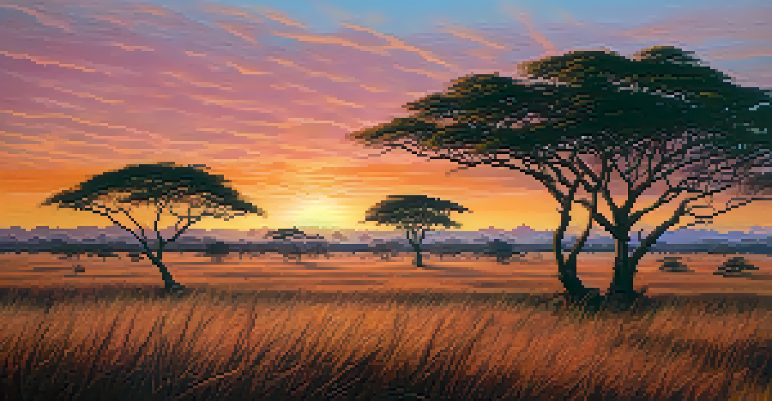 A panoramic view of the cerrado landscape at sunset, featuring pequi trees and warm colors in the sky.