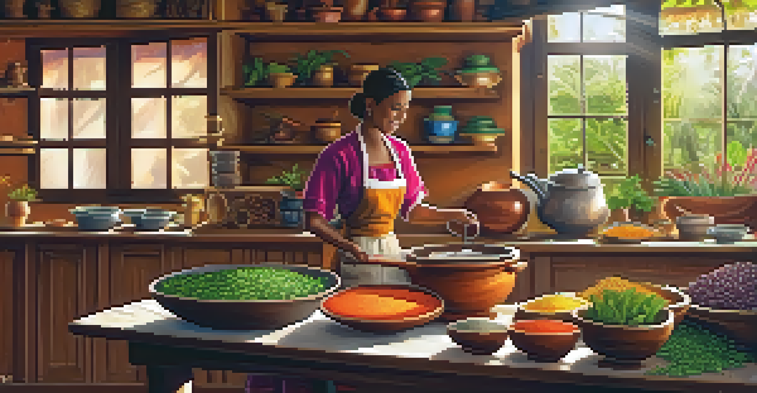 A chef in a traditional Brazilian kitchen preparing moqueca stew, surrounded by spices and herbs.