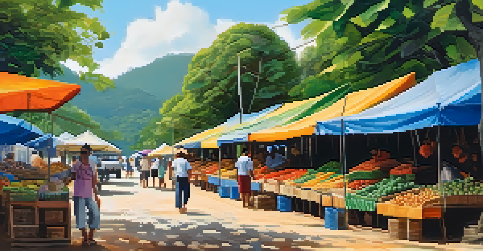 A colorful local market with handicrafts and fresh produce, showcasing Brazilian culture along the road to Paraty.