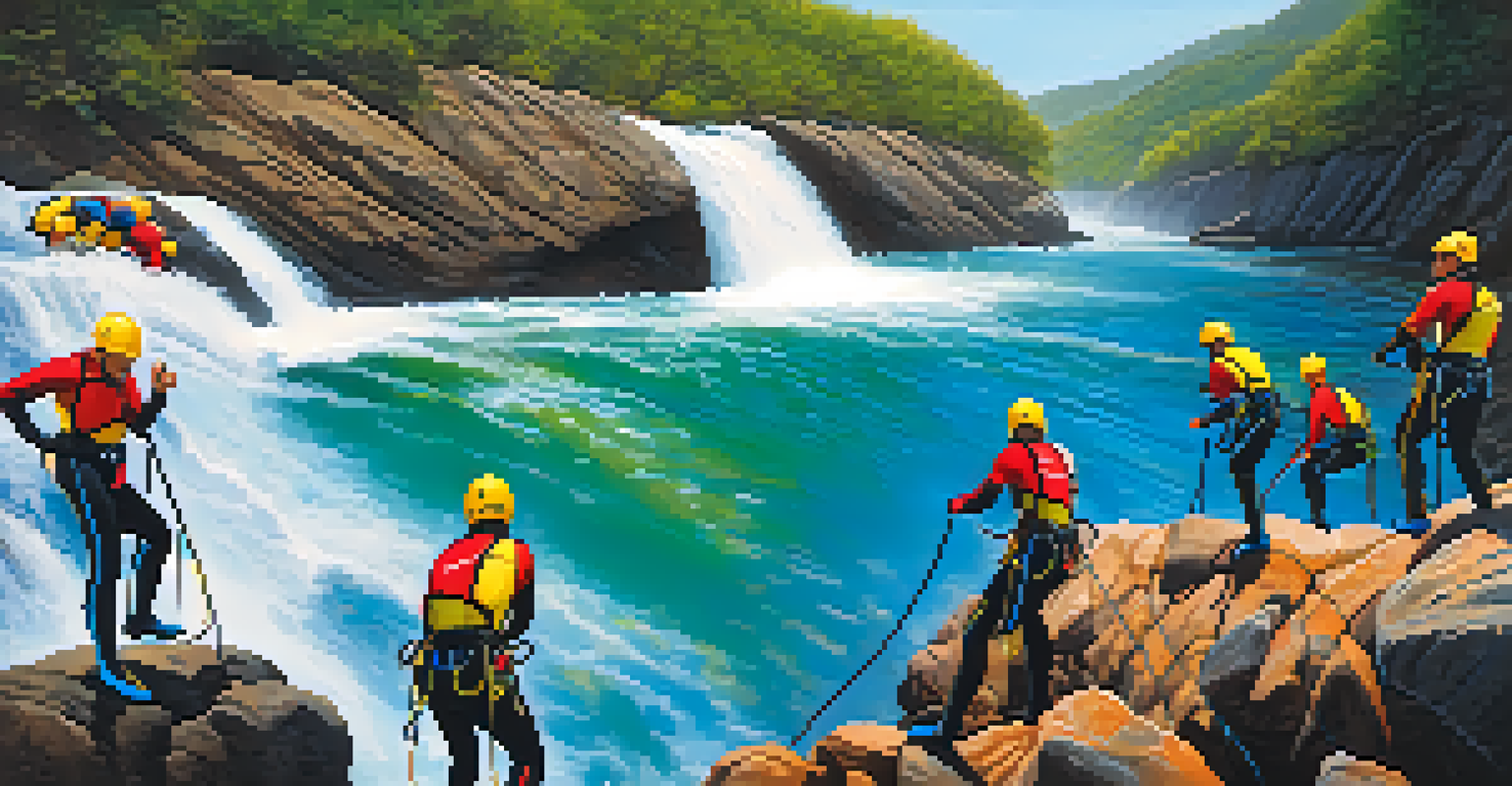 Canyoning adventurers rappelling down a cliff into a natural pool, wearing colorful wetsuits amidst rocky terrain.