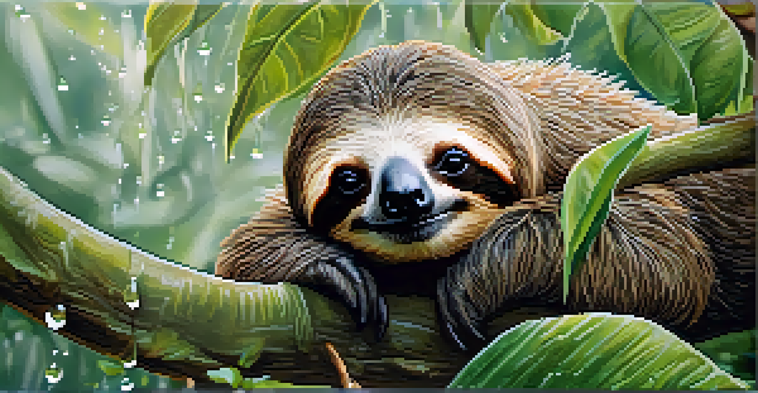 A close-up of a sloth resting on a tree branch in the Amazon rainforest, with leaves and water droplets in the background.