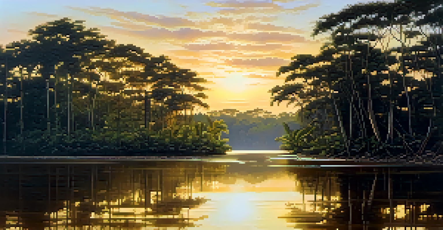 A tranquil scene of the Amazon River at golden hour, with sky and tree reflections in the water, framed by lush vegetation.