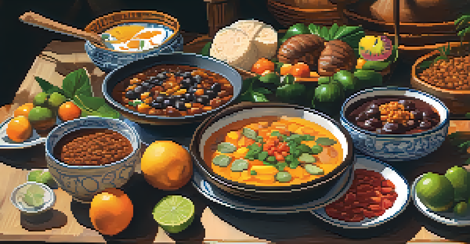 A rustic table set with traditional Brazilian dishes including feijoada and acarajé, surrounded by fresh fruits.