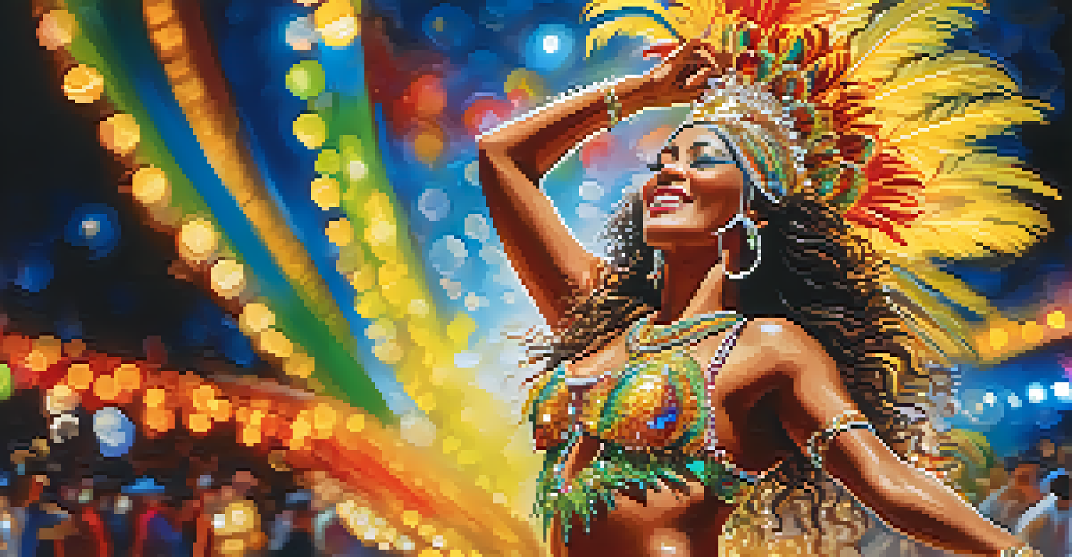 A samba dancer in a sparkling costume performing at Carnaval, with dynamic lighting emphasizing her movement.