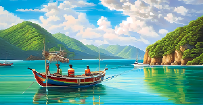 A traditional fishing boat sailing in turquoise waters with green hills and a blue sky in the background, capturing the essence of a Brazilian coastal tour.