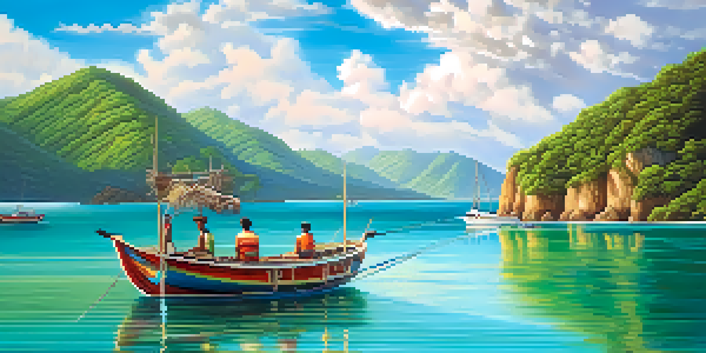 A traditional fishing boat sailing in turquoise waters with green hills and a blue sky in the background, capturing the essence of a Brazilian coastal tour.