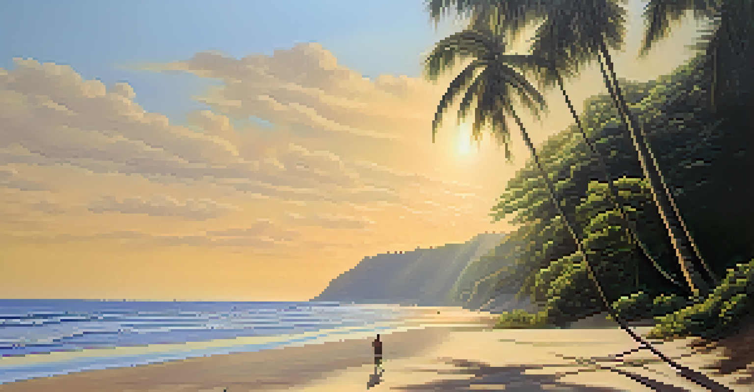 A peaceful Brazilian beach at sunset, with soft sand and gentle waves, showcasing a single person walking along the shore.