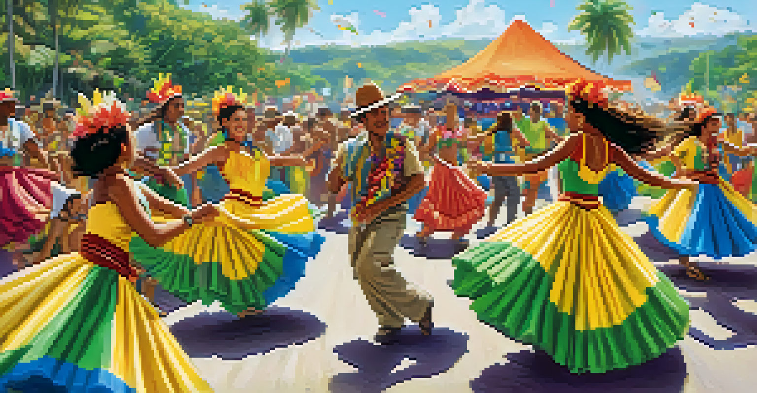 Performers in colorful costumes dancing at an outdoor festival, with decorations and local art in the background.
