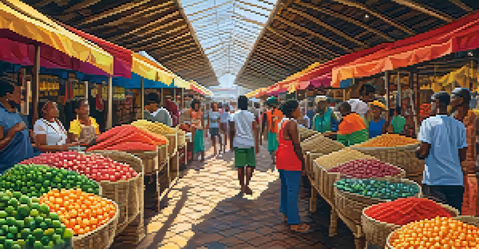 An Afro-Brazilian market in Salvador with stalls displaying colorful crafts and food, and visitors engaging with vendors.