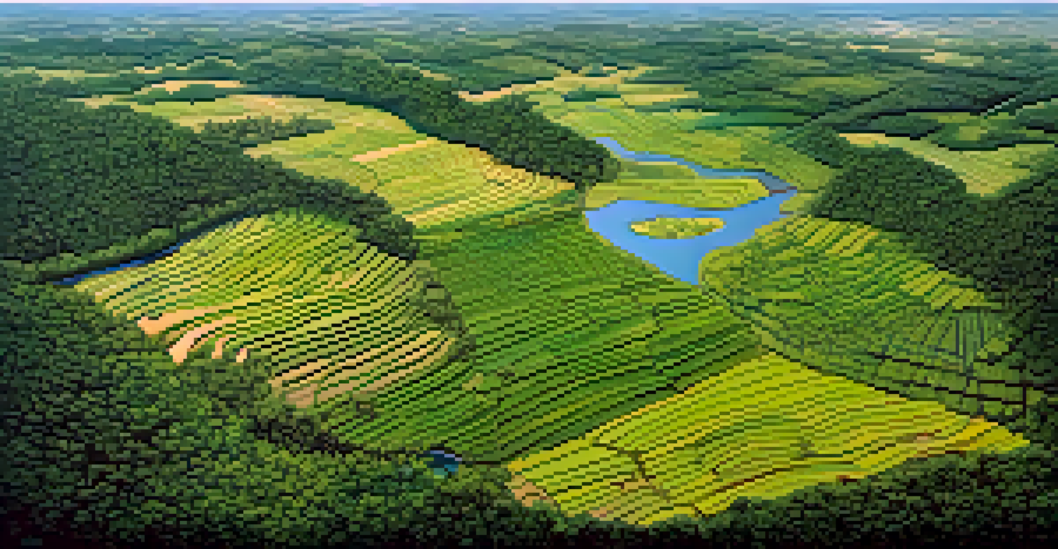 An aerial perspective of shifting agriculture in the Brazilian jungle, showing cultivated plots and surrounding regenerating forest.