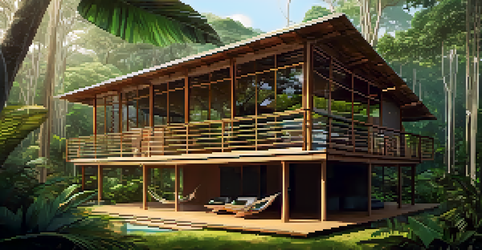 An eco-friendly lodge surrounded by lush greenery in the Brazilian rainforest, featuring a deck with hammocks.