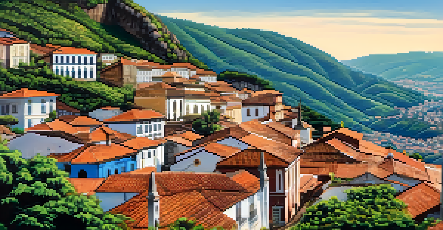 A panoramic view of Ouro Preto showcasing baroque churches and cobblestone streets amidst green hills.