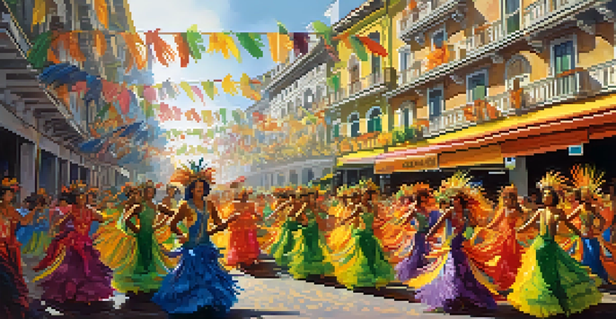 A lively samba parade in Rio with dancers in colorful costumes, decorated floats, and a bustling crowd under bright sunlight.