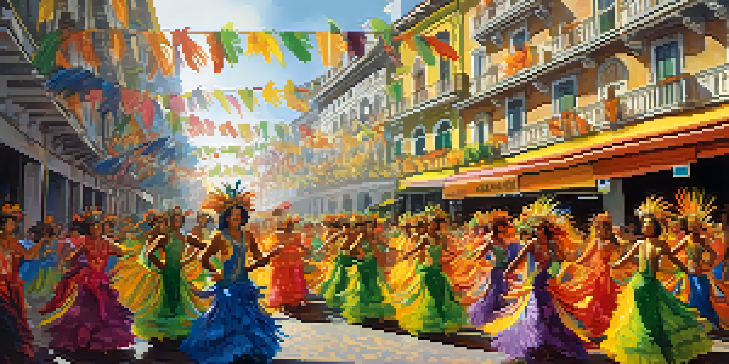 A lively samba parade in Rio with dancers in colorful costumes, decorated floats, and a bustling crowd under bright sunlight.