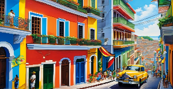 A lively street scene in Salvador, Brazil, with colorful buildings and people enjoying the culture.