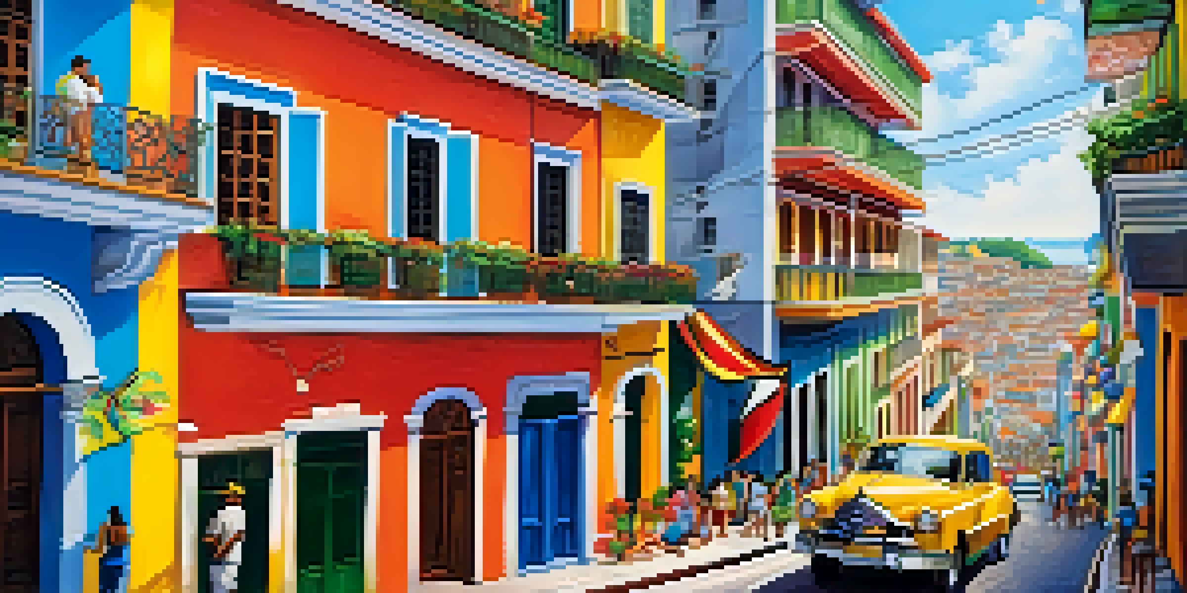 A lively street scene in Salvador, Brazil, with colorful buildings and people enjoying the culture.