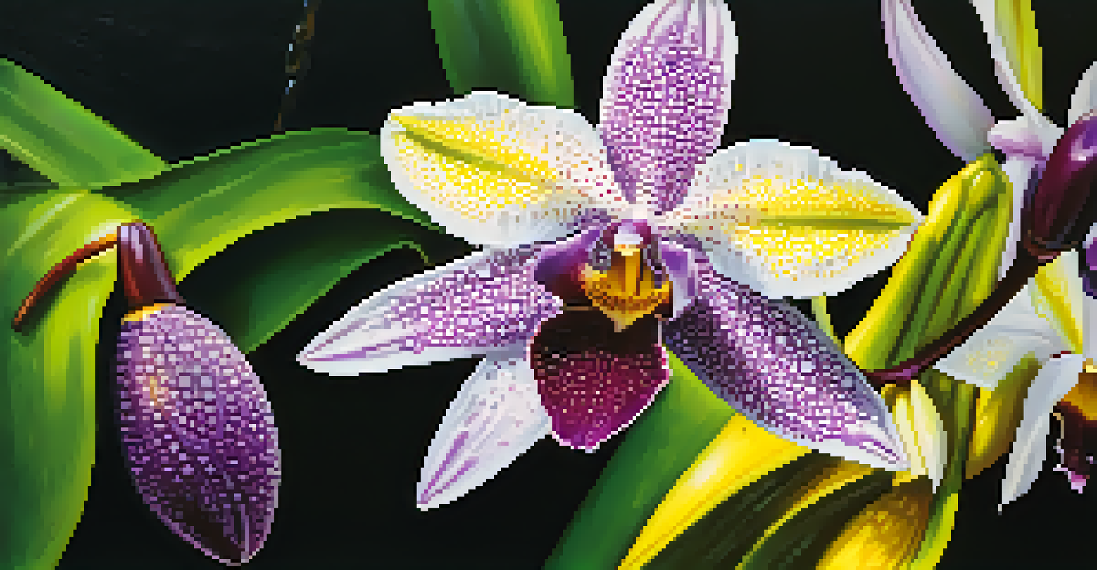 Close-up of a colorful Amazonian orchid with intricate petals and water droplets.