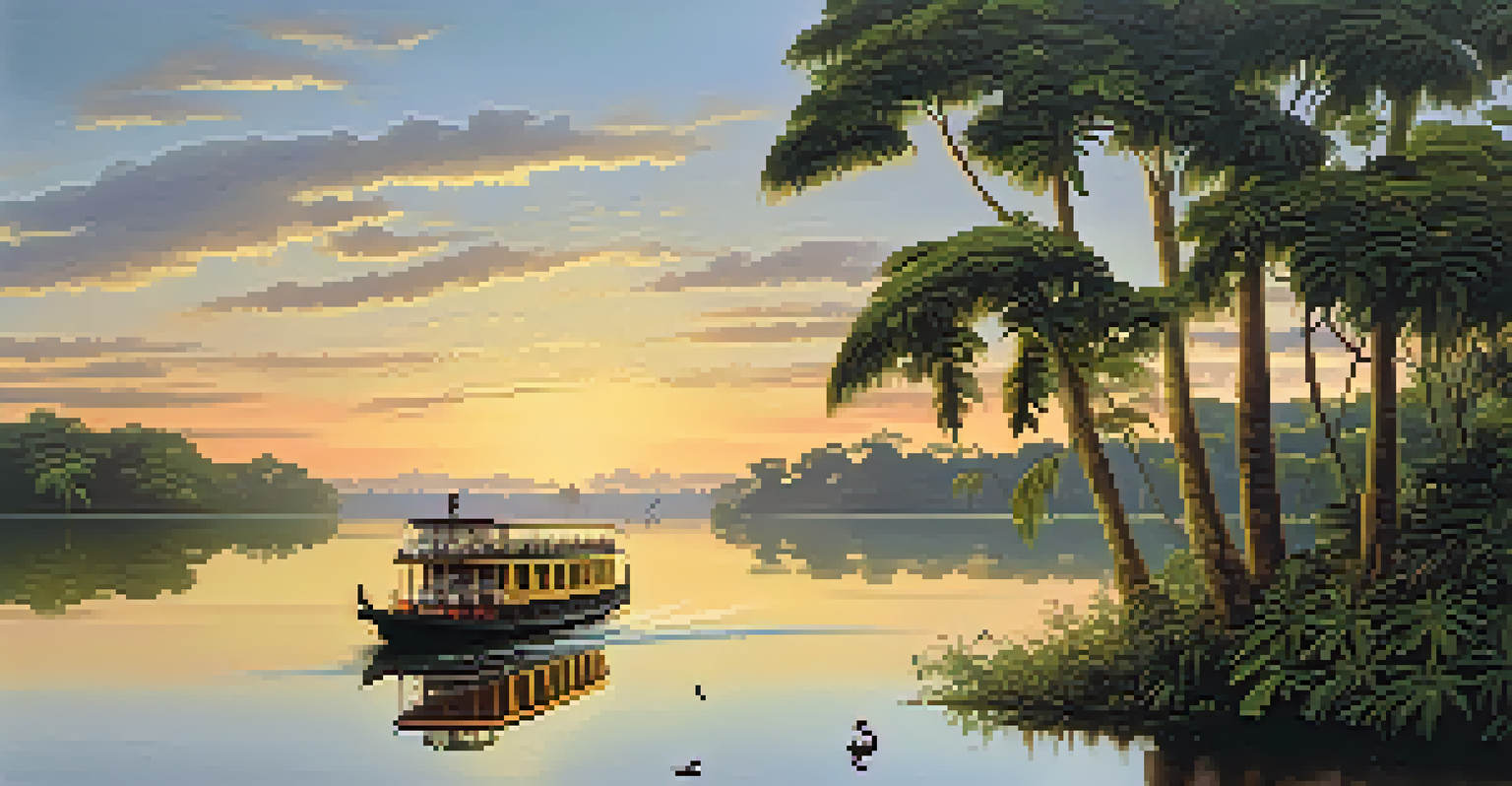 A riverboat on the Amazon River at sunset, surrounded by lush greenery and toucans in the trees.