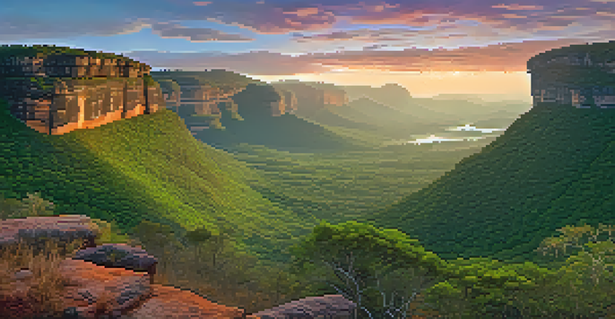 A scenic sunrise view of Chapada Diamantina National Park, featuring dramatic cliffs, lush valleys, and a winding trail.